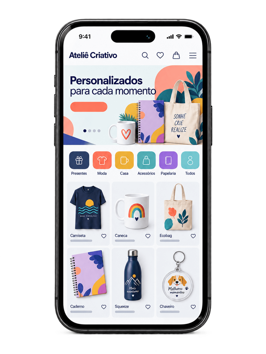 Versão mobile da loja de personalizados