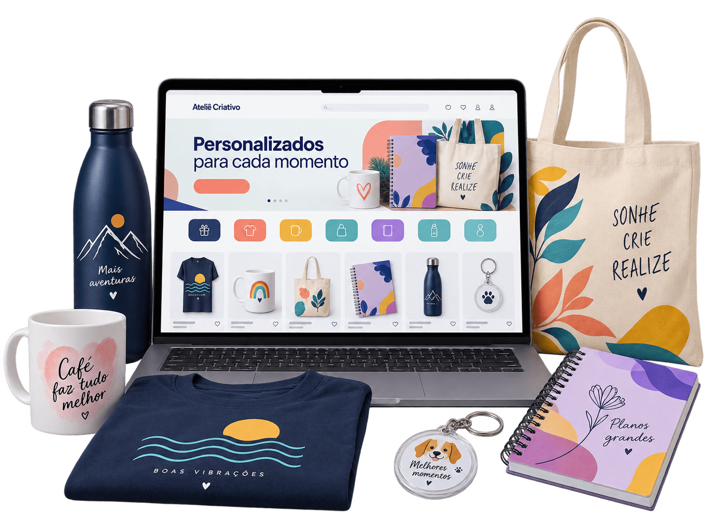 Notebook exibindo uma loja virtual de personalizados, cercado por camiseta, caneca, ecobag, caderno, squeeze e chaveiro