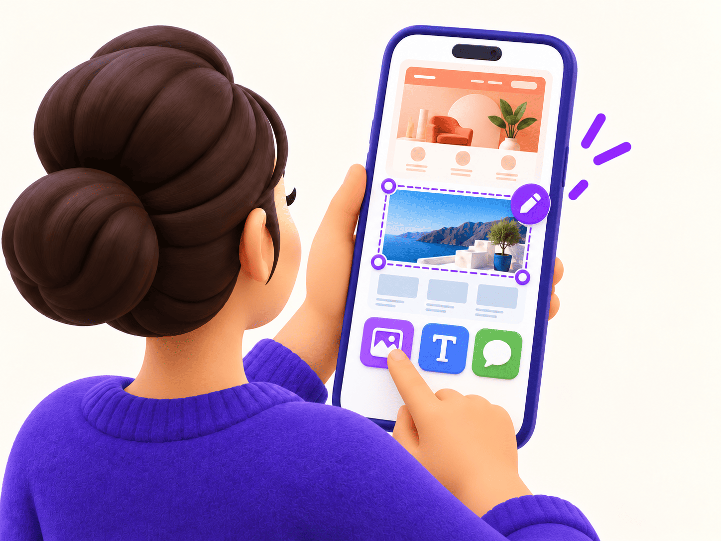 Ilustração mostrando a edição de foto, texto e contato pelo celular