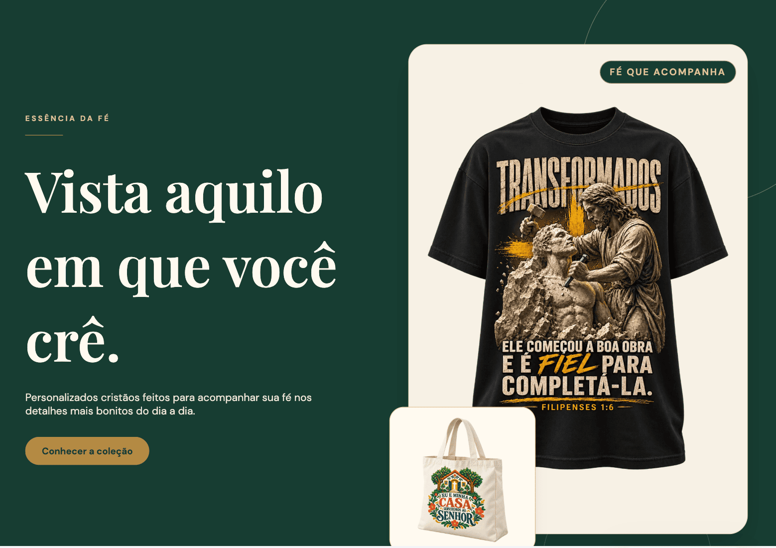 Template de site no Canva: seção de destaque com camiseta e ecobag