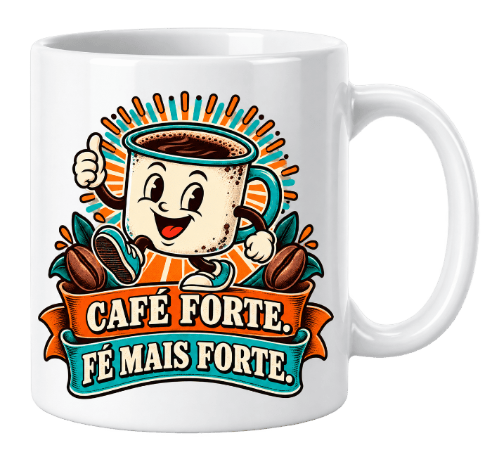 Caneca branca com estampa Café Forte, Fé Mais Forte