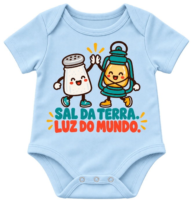 Body infantil azul com estampa Sal da Terra, Luz do Mundo